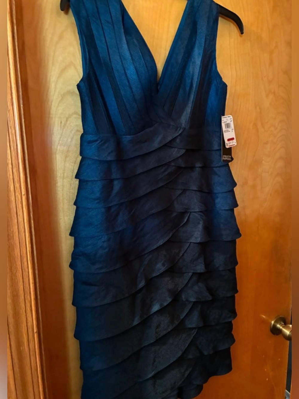 Adrianna Papell Navy Blue V-Neck Tiered Ruffle Mini Dress